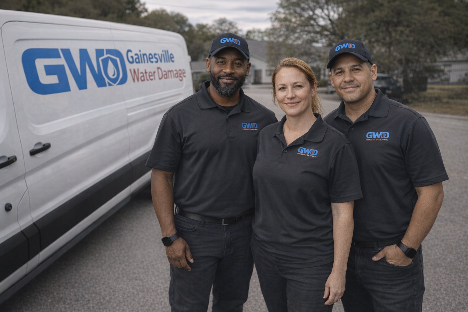 Gainesville Water Damage team standing beside service van